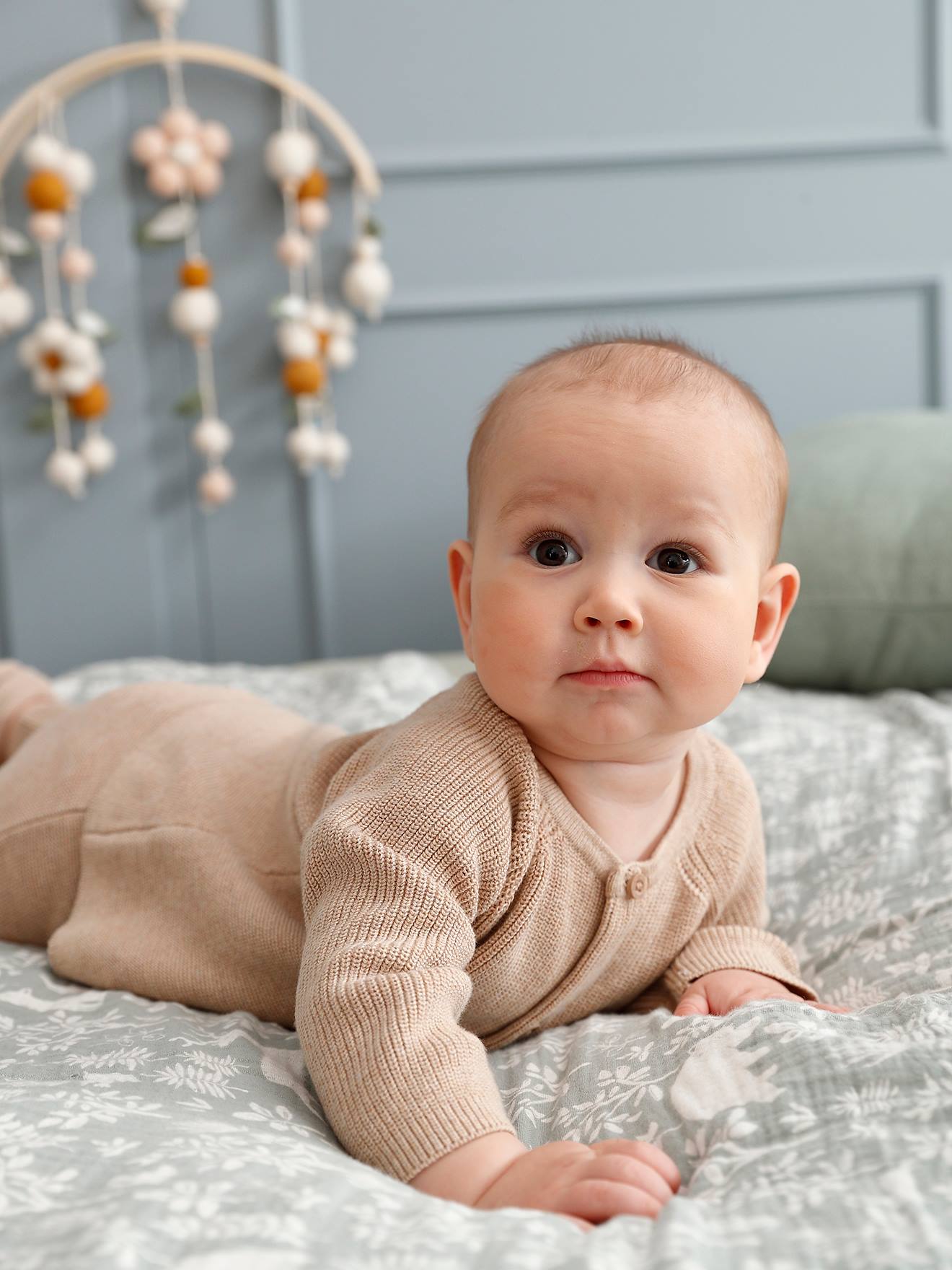 VERTBAUDET Conjunto 3 prendas de punto tricot: chaqueta, pantalón y patucos para bebé recién nacido beige jaspeado