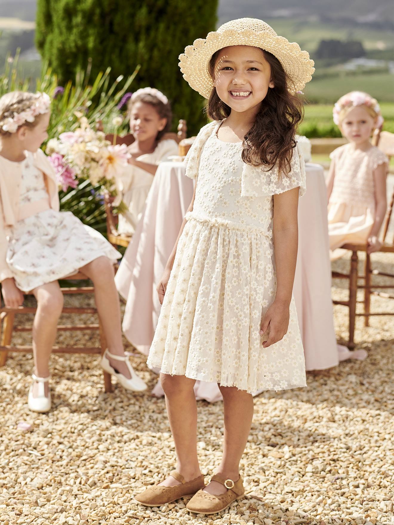 VERTBAUDET Vestido de ceremonia de tul bordado de flores para niña vainilla