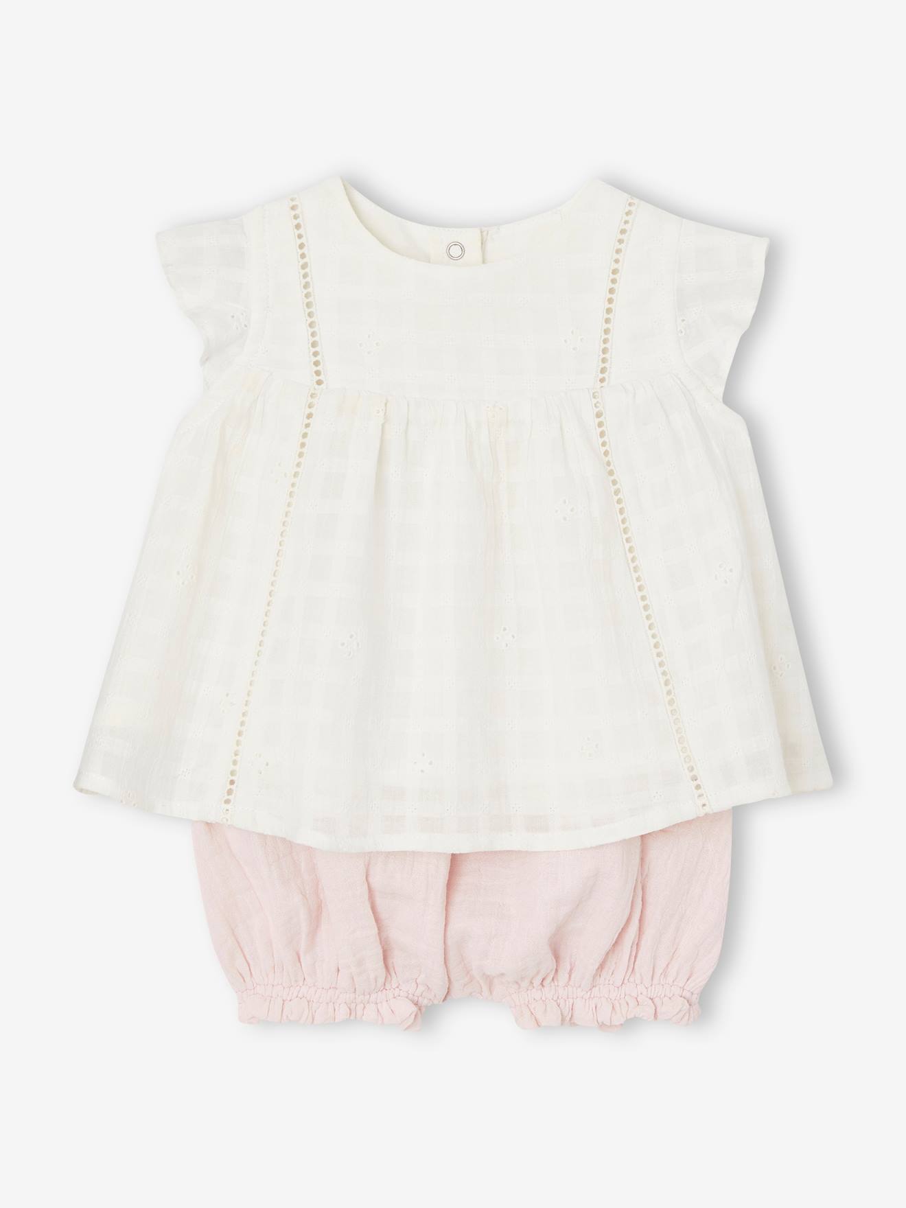 VERTBAUDET Conjunto vestido bordado y pantalón bombacho de gasa de algodón para bebé recién nacida rosa