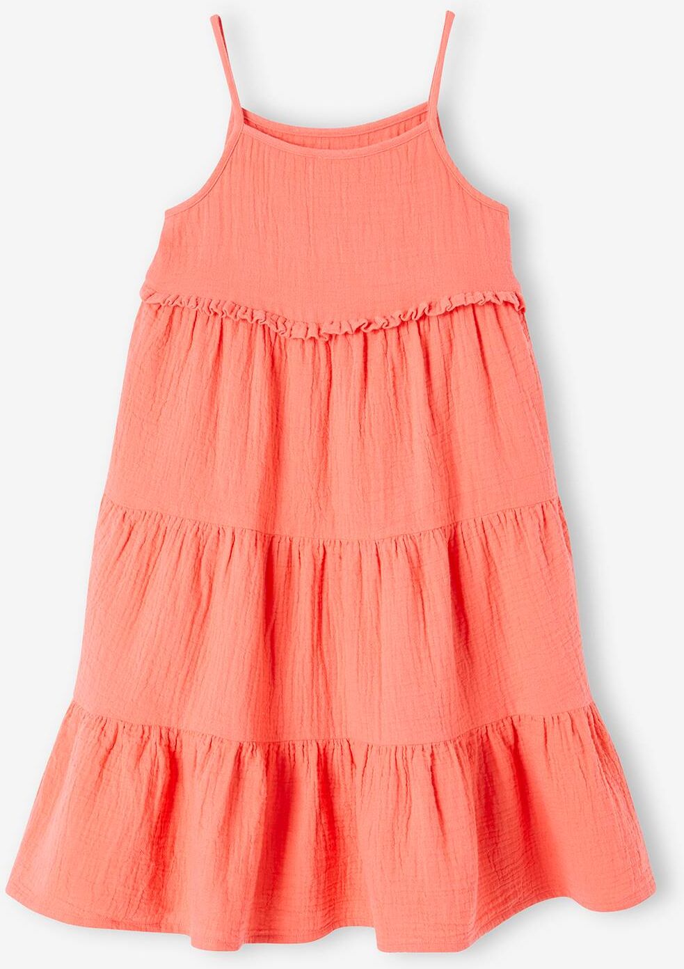 VERTBAUDET Vestido largo con tirantes de gasa de algodón para niña coral