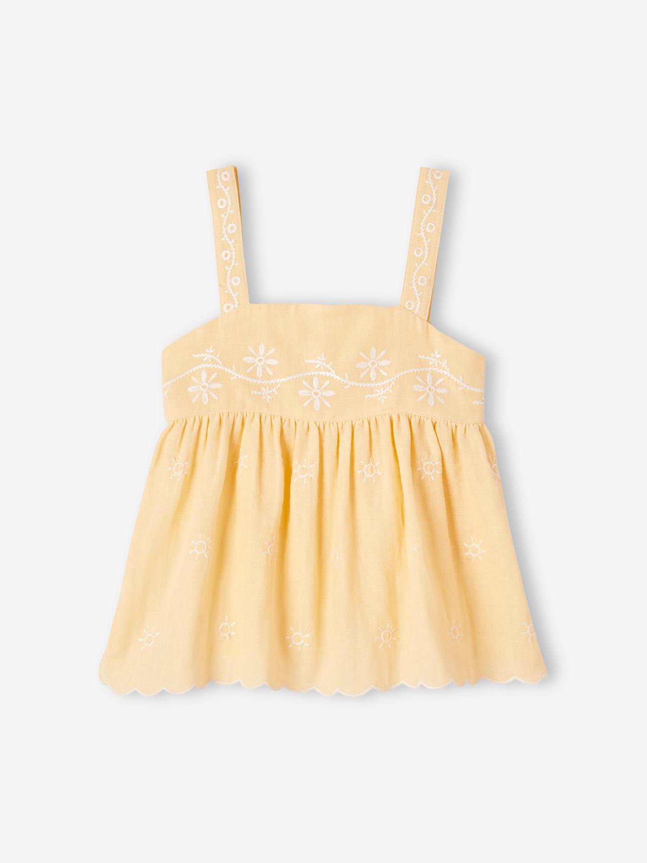 VERTBAUDET Blusa bordada de gasa de algodón para niña amarillo pastel