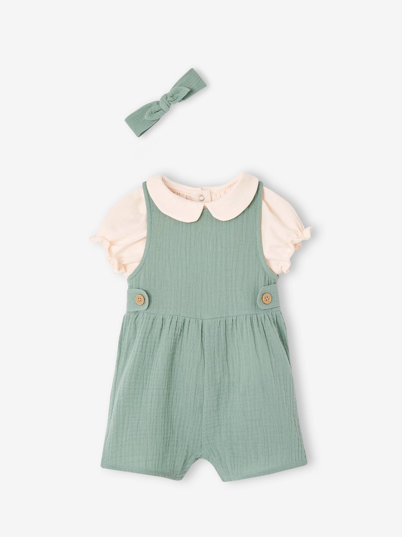 VERTBAUDET Conjunto personalizable de 3 prendas para bebé - camiseta, mono y cinta del pelo verde sauce