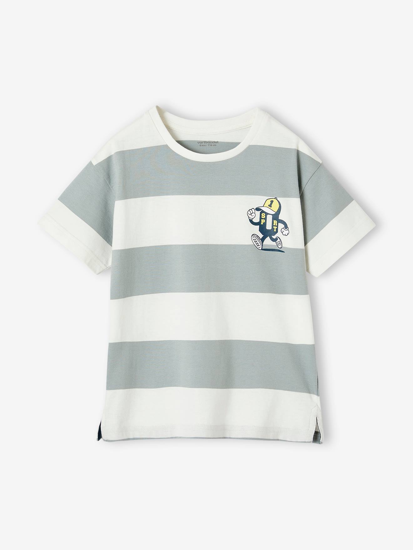 VERTBAUDET Camiseta deportiva mascota y rayas anchas para niño verde agua