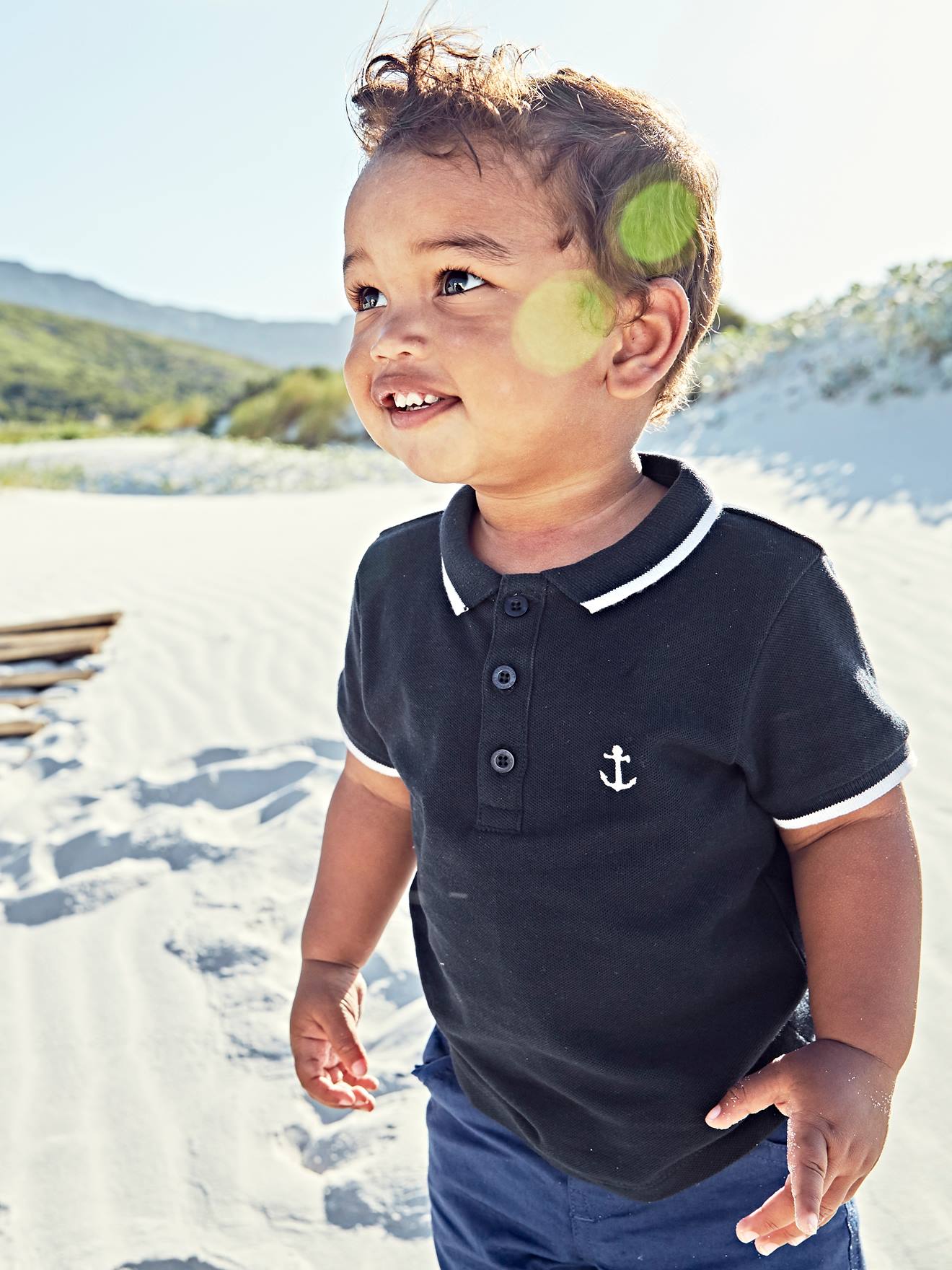 VERTBAUDET Polo personalizable para bebé niño con bordado en el pecho azul oscuro liso