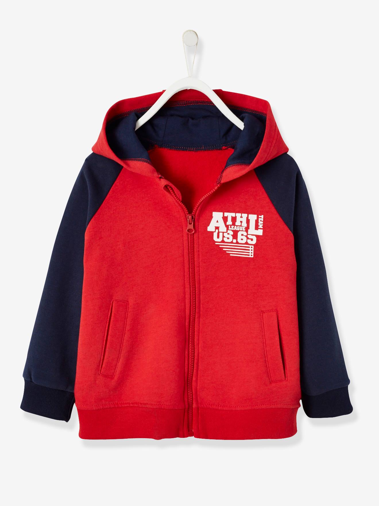 VERTBAUDET Sudadera con cremallera y capucha niño rojo oscuro liso con motivos