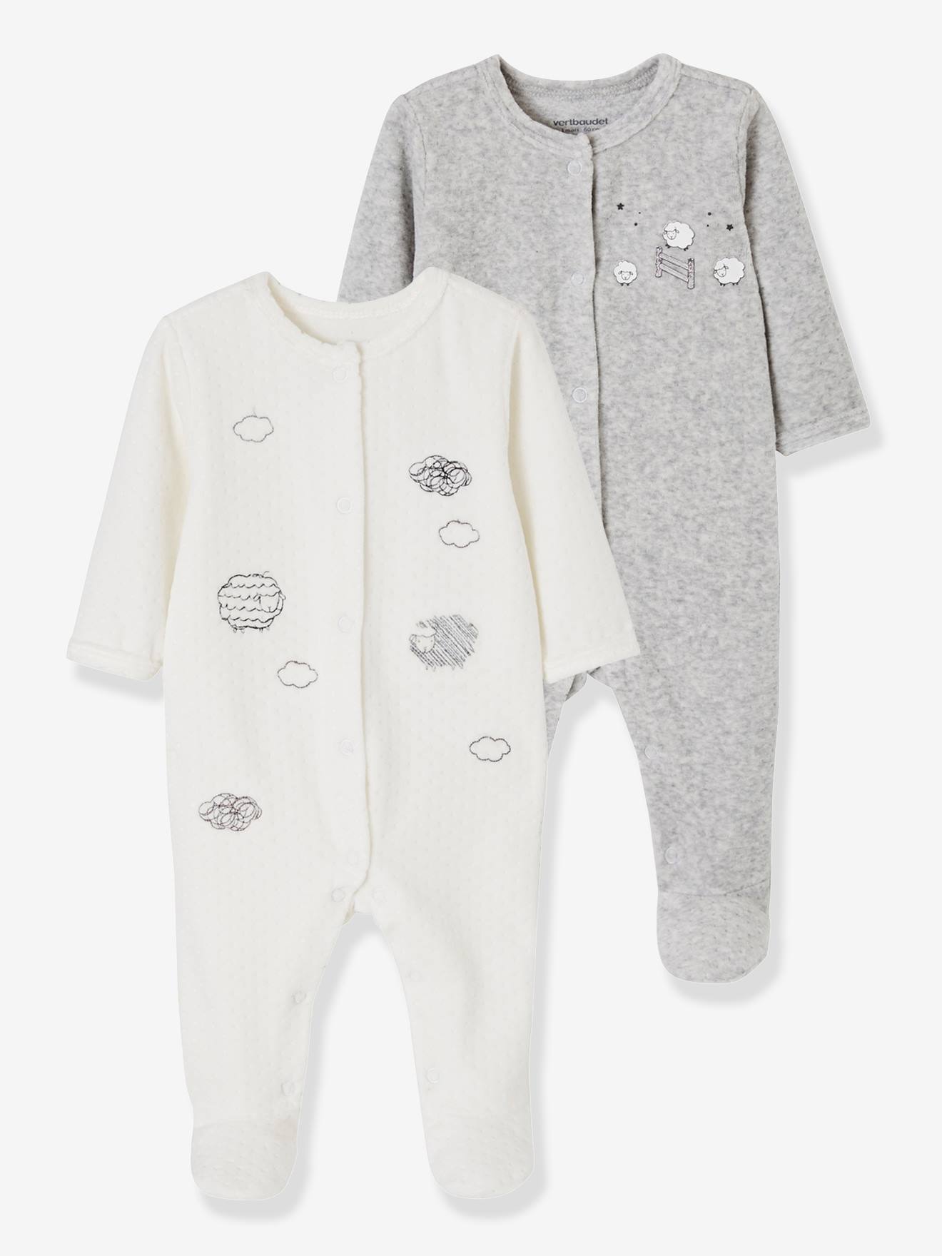 VERTBAUDET Pack de 2 pijamas para bebé de terciopelo con abertura delante blanco claro bicolor/multicolo