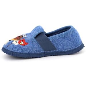 GIESSWEIN Tübingen Felt Slippers with Elasticated Strap for Children Embroidered Unisex Children’s Slippers for Boys & Girls Barefoot Feel & Non-Slip Sole Flexible Nursery Shoes with Viking Designs for Kids Blue 23 EU