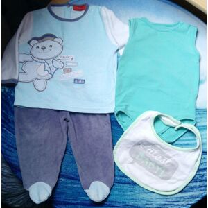 Lot De Vêtements Pour Bébé 12 Mois 1 An - Pyjama Nounours Bleu Haut Boutonné Dos Et Bas Pantalon Accrochable + Body Turquoise Sans Manches + Bavoir Blanc À Pressions - Fille Ou Garcon Garçon - Publicité