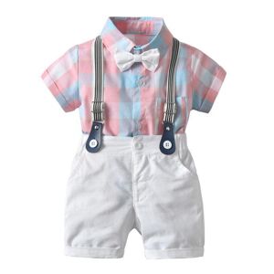 Vêtements d été pour bébé garçon, costumes pour hommes, chemise à carreaux à manches courtes + salopette Short avec cravate - Publicité