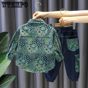 WTEMPO Ensemble deux pièces pour garçons, chemise en Denim, à la mode coréenne, imprimé, costume décontracté, printemps et automne - Publicité