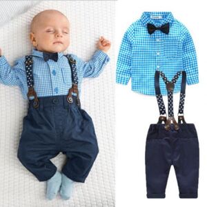 Ensemble 2 pièces pour bébé garçon, chemise à carreaux avec nœud papillon + pantalon à bretelles, tenues - Publicité