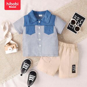 hibobi 2 pièces enfant garçon rayé patchwork denim chemise à manches courtes et short de couleur unie - Publicité