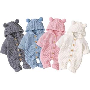 Little Fashionistas Nouveau-né bébé garçon filles ours oreille tricot barboteuse à capuche laine pull combinaison tenues - Publicité