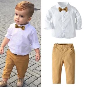 Costume 2 pièces pour hommes pour petits garçons, chemise à manches longues avec boutons de couleur blanche unie, pantalon Long à taille élastique - Publicité