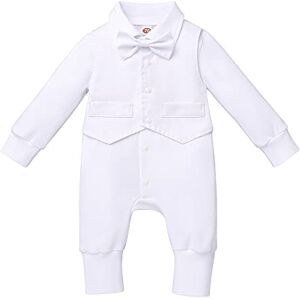 FYMNSI Bébé Garçons Tuxedo Barboteuse Costumes Formel Gentilhomme Ensembles Une Pièce Manche Longue Gilet Salopette Nœud Papillon Enfant Baptême Fête d'anniversaire Mariage Tenue Blanc 3-6 Mois - Publicité