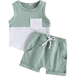 Dazzerake Ensemble Bébé Garçon Ensemble Garçon Été Vêtement Bébé Garçon Rayé Tenue 2 Pièces pour Bébé Garçon 0-5 Ans Haut sans Manche + Short (Vert, 18-24 Months) - Publicité