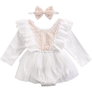 Carolilly Barboteuse Bébé Fille à Manches Longues ou sans Manches Jumpsuit Infantile en Dentelle et Tulle Costume Baptême, Blanc Beige, 12-18 Mois - Publicité