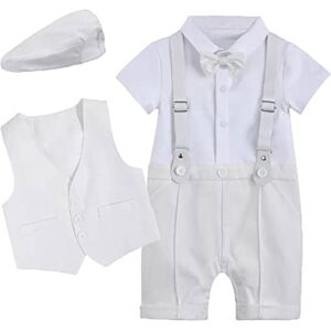 FYMNSI Enfant Bébé Garçon Barboteuse de Gentilhomme Cravate Costume Gilet avec Chapeau Manteau de Manche courte de Baptême Noël Mariage Ensemble de Vêtements Costume de Smoking de Formel Blanc 18-24 Mois - Publicité