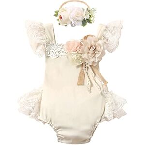 FYMNSI Nouveau-Né Bébé Fille Dentelle Barboteuse à Volants Sans Manches Body Une Pièce Princesse Body Tutu Tulle Robe Avec Fleur Bandeau Photoshoot Costumes été Vêtements Ensemble Kaki 3-6 Mois - Publicité