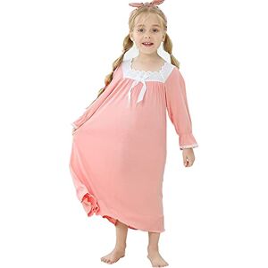 Flwydran Chemise de Nuit Pyjama pour Fille 3-13ans Robe de Nuit à Manches Longues en Dentelle en Coton pour Enfant (9-10 Ans, Rose) - Publicité