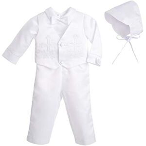 Lito Angels Vetement de Bapteme pour Bebe Garcon, Ensemble Costume Blanc 5 Pieces avec Bonnet, Taille 12-18 Mois, Style B Manches Longues - Publicité