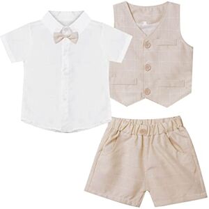 ranrann Ensemble Costume Mariage Garçon Bébé Enfant Gentleman Chemise + Short Tenue Baptême Anniversaire Photo Outfit Set Eté 9 Mois 8 Ans Beige 5-6 ans - Publicité