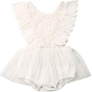 Carolilly Barboteuse Bébé Fille à Manches Longues ou sans Manches Jumpsuit Infantile en Dentelle et Tulle Costume Baptême Blanc 1,80(6-12 mois) - Publicité