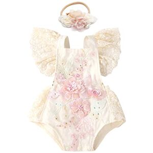 FYMNSI Nouveau-Né BéBé Fille Dentelle Barboteuse Broderie Florale Volants Sans Manches Body Une Pièce Princesse Body Tutu Robe Avec Bandeau Photoshoot Costumes été Vêtements Ensemble Beige + Rose 6-12 Mois - Publicité