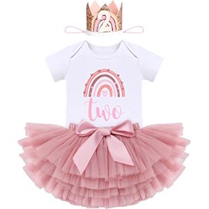 FYMNSI Tenue Boho Arc-en-ciel 2ème Anniversaire Pour Bébé Fille Deux Ans Coton à Manches Courtes Barboteuse Body Princesse Tutu Tulle Jupe Fleur Bandeau 3pcs Ensemble Été Rose Two 2 Ans - Publicité