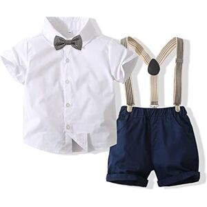 Carolilly Ensemble Costume Gentleman Eté Pour Bébé Garçon, Chemisier à Manches Courtes avec Noeud + Shorts à Bretelles (6 mois à 4 ans) (Bleu foncé, 2-3 Years) - Publicité