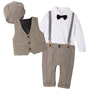 IWEMEK Costume Bébé Garçons Gentleman Vêtements Tenue Chemise Barboteuse Combinaison Manches Longues Gilet Nœud Papillon Béret Baptême Fête Anniversaire Cérémonie Mariage Beige 9-12 Mois - Publicité