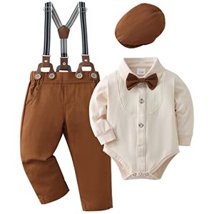 ZOEREA Ensemble de Vêtements Bébé Garçon Costume Gentleman Baptême de Mariage Tenues Noeud Papillon Barboteuse + Pantalons Bretelles Beige,6-12 mois - Publicité