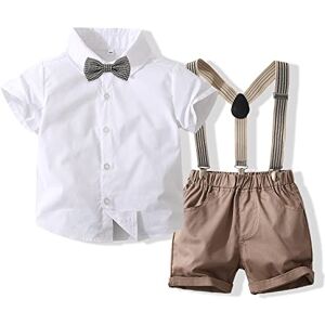 Carolilly Ensemble Costume Gentleman Eté pour Bébé Garçon, Chemisier à Manches Courtes avec Noeud + Shorts à Bretelles (6 Mois à 4 Ans) (Beige, 2-3 Years) - Publicité