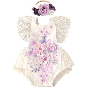 FYMNSI Nouveau-Né BéBé Fille Dentelle Barboteuse Broderie Florale Volants Sans Manches Body Une Pièce Princesse Body Tutu Tulle Robe Avec Bandeau Photoshoot été Vêtements Ensemble Violet Fleur 3-6 Mois - Publicité