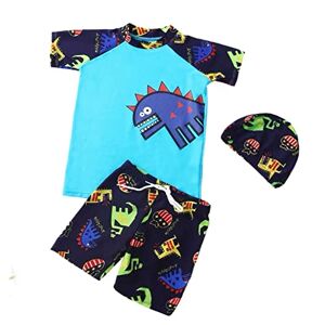 FedMois Maillot de Bain Bébé Garçon 3 pièces Combinaison Anti UV T-Shirt + Shorts + Bonnet de Bain, Dinosaures Bleu, 5-7 Ans - Publicité