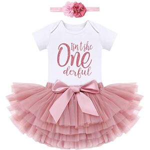 FYMNSI Tenue 1er Anniversaire Pour Bébé Fille D'un An Coton à Manches Courtes Barboteuse Body Princesse Tutu Tulle Jupe Fleur Bandeau 3pcs Isn't She One Derful Ensemble Été Rose One Derful 1 An - Publicité