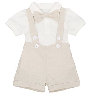 FYMNSI Vêtements Bébé Garçon Gentilhomme Nouveau-né Barboteuse à manches courtes + Jarretelles Shorts + Nœud papillon 3pcs Set Baptême Cérémonie Fête d'anniversaire Outfit Kaki 0-6 Mois - Publicité