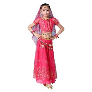 FEOYA Tenue Orientale Enfant Robe Danse du Ventre Fille Belly Dance Cadeau Noël Bollywood Indienne Fille Costume Enfant Rose Rouge 5-8 Ans - Publicité