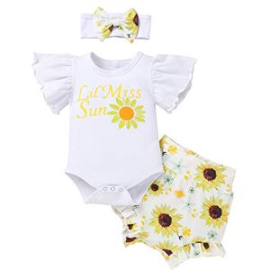 FYMNSI Ensemble de Vêtement pour Bébé Fille Haut Blanc Lettre Imprimée Barboteuse à Manches Courtes + Short Imprimé Fleur + Bandeau Nouveau-né Vêtement Été Jaune Tournesol 0-3 Mois - Publicité