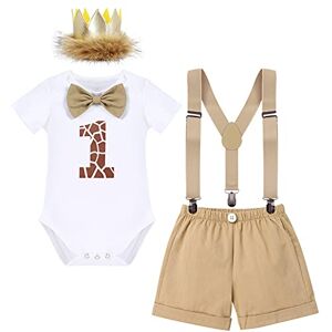 IBAKOM Bébé Garçons Mon 1er Anniversaire Tenues Barboteuse Body + Pantalon Court + Bretelles + Bandeau 4pcs Jungle Safari Mottoparty Photoshoot Vêtements Kaki 12 mois - Publicité