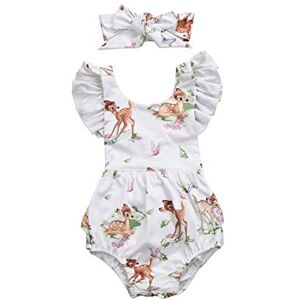 ITVIP Bébé Filles Noël Bambi Barboteuse + Bandeau A Volants Manches Flottantes Body Dos Nu Sunsuit Anniversaire Tenue Vêtements Ensemble (Blanc, 0-6 Mois) - Publicité