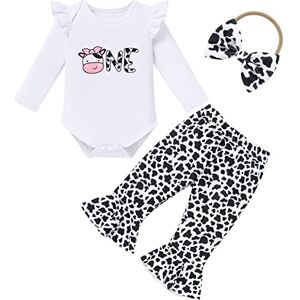 FYMNSI Bébé Fille Ensemble de Vêtements Première Tenue d'anniversaire Vache Laitière Coton Manche Longue Barboteuse Pantalon Bandeau Enfants Infantile Automne Tenues Set Blanc Vache Laitière 12-18 Mois - Publicité