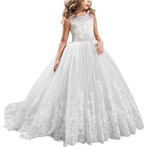 IWEMEK Fille Appliques Robe de Princesse Robe de Première Communion Baptême Demoiselle d'honneur avec Bowknot Longue en Dentelle Robe de Soirée Mariage Noël Carnaval Anniversaire Fête 12-13 Ans - Publicité