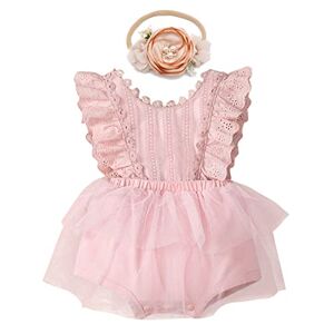 FYMNSI Nouveau-Né Bébé Fille Dentelle Barboteuse à Volants Sans Manches Body Une Pièce Princesse Body Tutu Tulle Robe Avec Fleur Bandeau 1Er Anniversaire Tenue Baptême Photoshoot Costumes Rose 12-18 Mois - Publicité