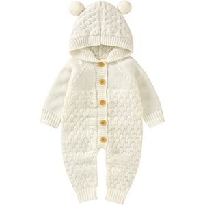 amropi Nouveau-né Bébé Tricot Barboteuse à Capuche Combinaison Manches Longues Tenue Ensemble 12-18 Mois,Beige - Publicité