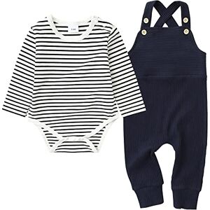 ZOEREA Vêtements Ensemble Bébé Garçon Nouveau-né Coton Manches Longues Rayures Barboteuse + Salopette Pantalons Bleu Foncé, 0-3 Mois - Publicité