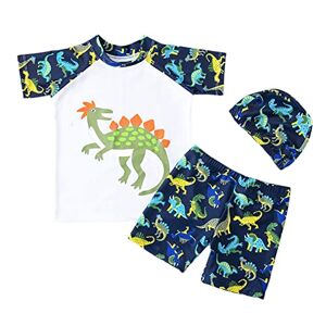 FedMois Maillot de Bain Bébé Garçon 3 pièces Combinaison Anti UV T-Shirt + Shorts + Bonnet de Bain, Dinosaures Blanc, 5-7 Ans - Publicité