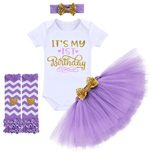 FYMNSI Enfant Bébés Filles C'est Mon 1er Première Anniversaire Tenue Manche Courte Barboteuse + Princesse Jupe Tutu + Bandeau + Jambière 4pcs 1 An Fête Vêtements Accessoires Photo Violet - Publicité