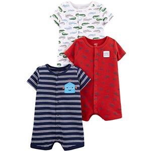 Simple Joys by Carter's 3-Pack Snap-up Rompers Barboteuses, Blanc Alligator/Bleu Marine Rayures/Rouge Construction, 3-6 Mois (Lot de 3) Bébé garçon - Publicité