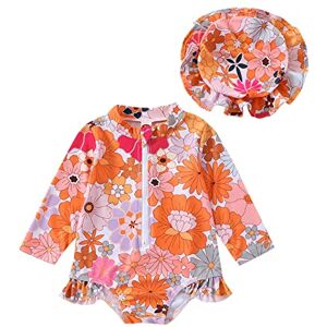 XIXIMAON Maillot de Bain Anti-UV Bébé Fille Combinaison Piscine Costume Natation de Plage Manches Longues Fermeture Eclair +Chapeau de Soleil Swimwear (Floral, 6-12 Months) - Publicité